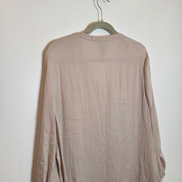 Carmen Marc Valvo Taupe Satin Peasant Blouse Top Slinky Formal Y2K Rhinestone XL - Picture 7 of 7